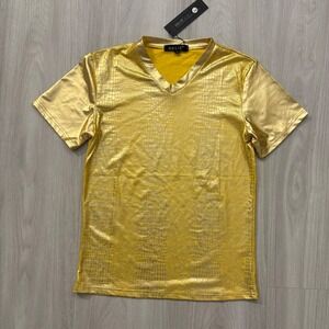 Delie TShirt Womens Gold Crocodile Print Short Sleeve VNeck Shiny Party Top Sz L